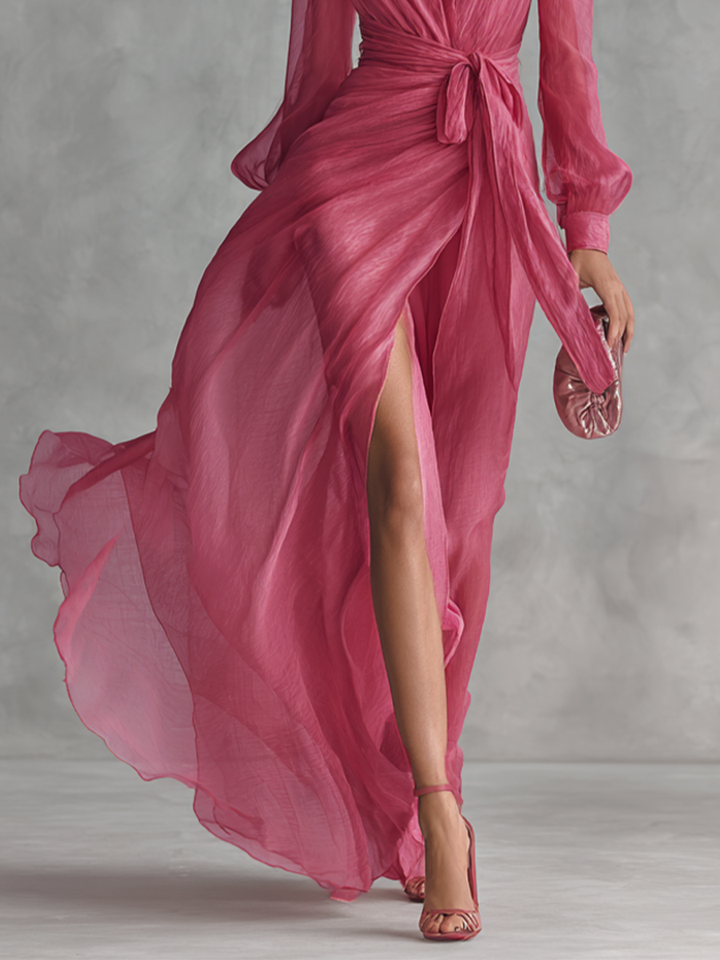 Women's Elegant Rose Pink Pearl Chiffon V-neck Tie-waist Long Dress MDZ1925A7BA