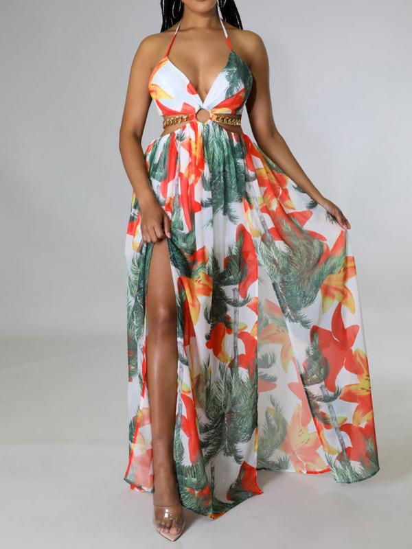 HANNAH™ - Floral Print Cami Dress with Chain Decor and Split Thigh for Beach Holidays
