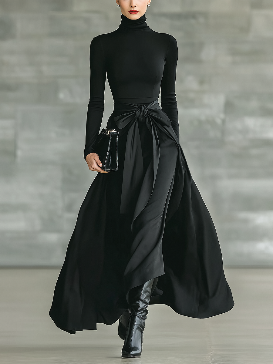 Women's Black High-Neck High-Stretch Knitted And Satin Flared Maxi Dress MDA2851J4T