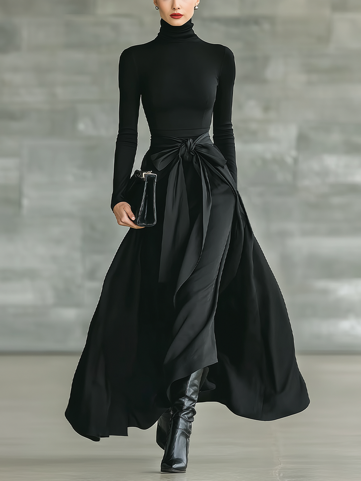 Women's Black High-Neck High-Stretch Knitted And Satin Flared Maxi Dress MDA2851J4T