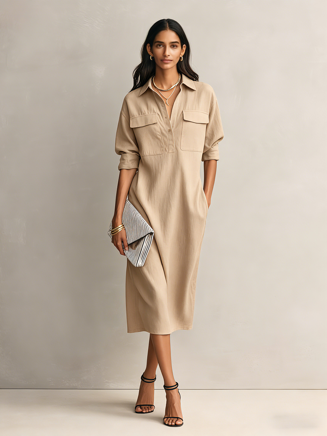 Women's Elegant Black Cotton-linen Blend Shirt Collar Short-sleeved Midi Dress MDZ0455C2AN