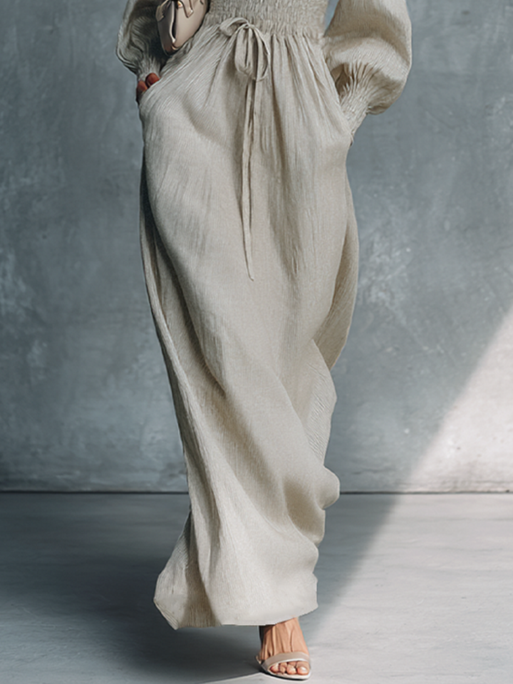Women's Beige Cotton Linen Striped V-Neck Shirred Waist Maxi Dress MDZ0361C4BA