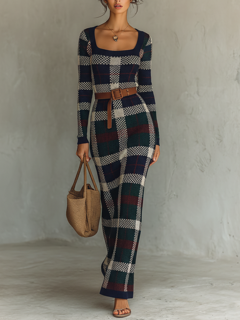 Women's Minimalist Check Knit Belted Square Neck Maxi Dress MDA2984J0Y