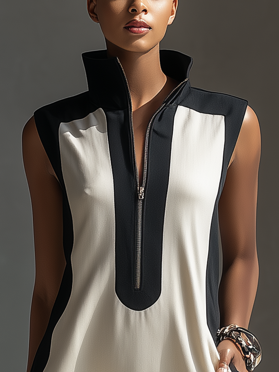 Women's Black & White Color-Block Mini Dress With Stand Collar & Half-Zip Detail MDZ1152B0T
