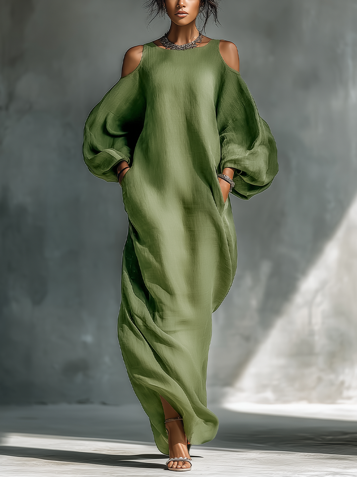 Women's Light Green Cold-Shoulder Maxi Dress With Oversized Puff Sleeves & Side Pockets MDZ1004B7T