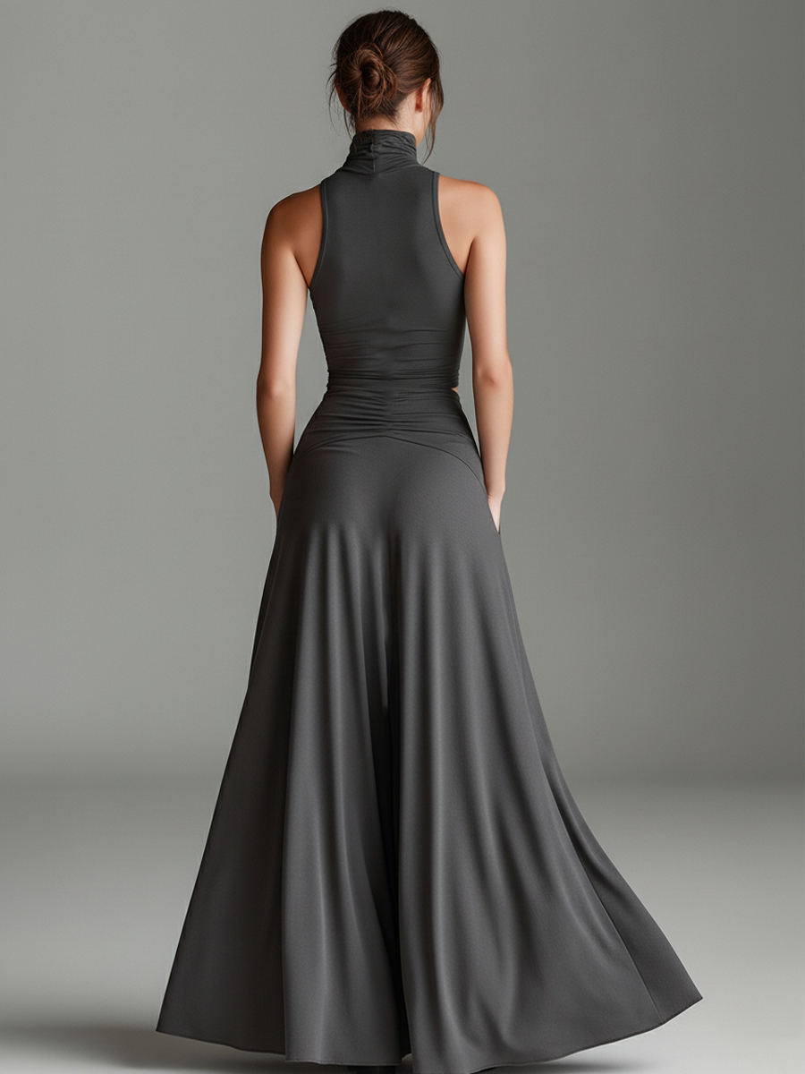 Women's Charcoal Gray Stretch Knit Dress With Turtleneck Halter & Cutout Waist, Timeless Minimalist Elegant Style Dress MDZ0960B2I