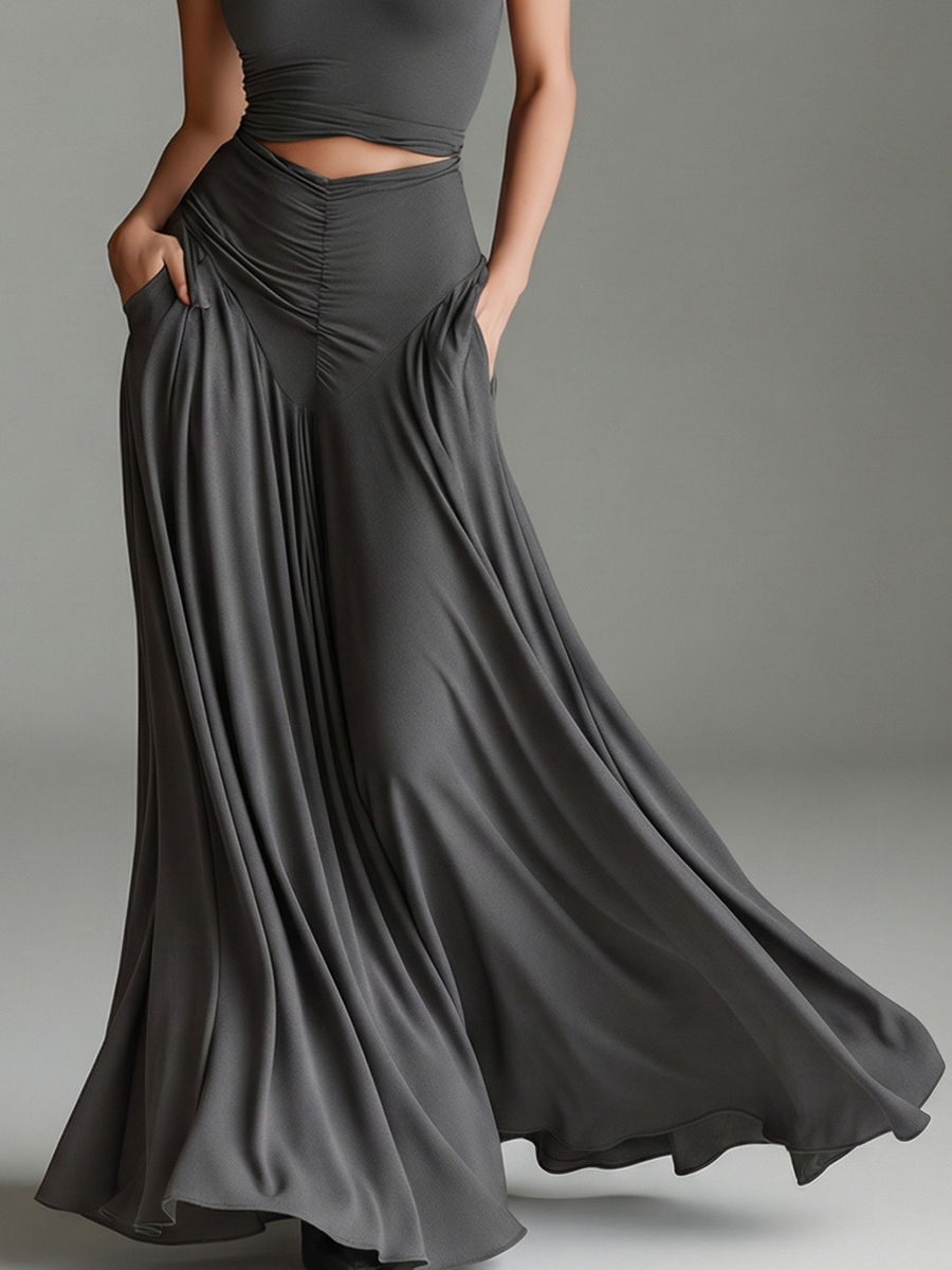 Women's Charcoal Gray Stretch Knit Dress With Turtleneck Halter & Cutout Waist, Timeless Minimalist Elegant Style Dress MDZ0960B2I
