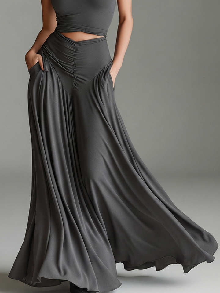 Women's Charcoal Gray Stretch Knit Dress With Turtleneck Halter & Cutout Waist, Timeless Minimalist Elegant Style Dress MDZ0960B2I