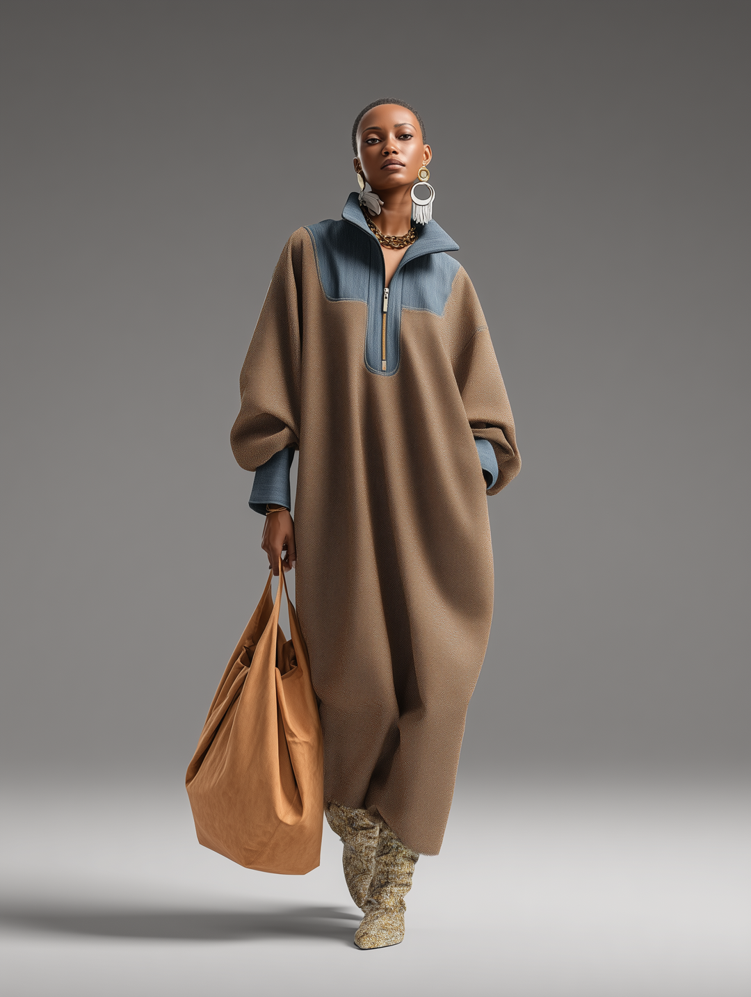 Women's Brown Double-Sided Brushing and Blue Denim Stand Collar Loose-Fitting Long Dress MDA0366K1T