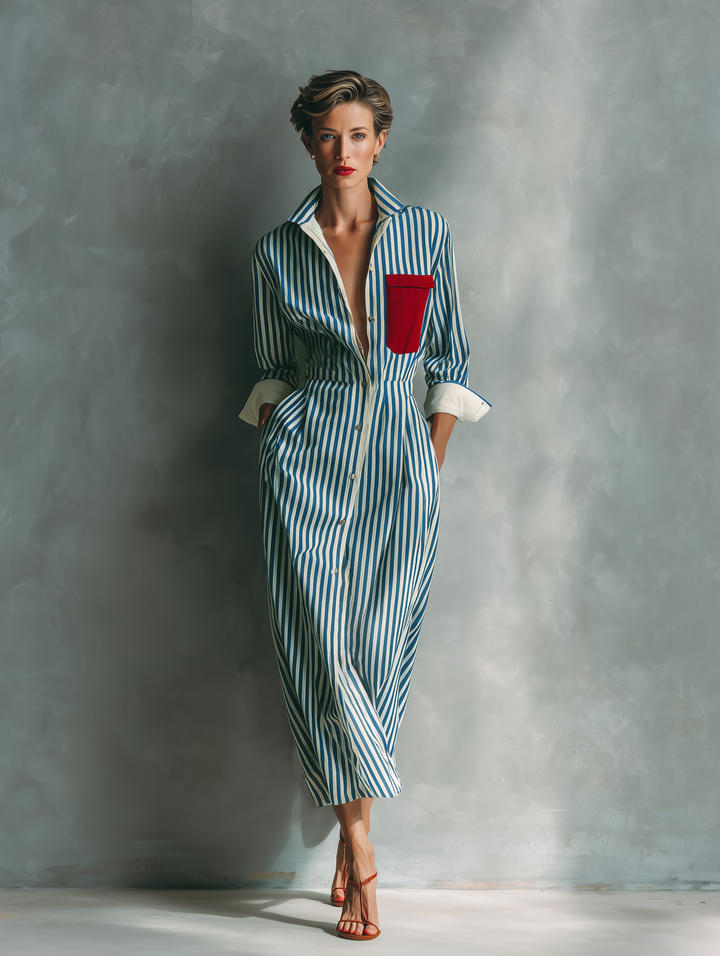 Women's Blue And White Cotton Blend Striped Shirt Dress With Red Chest Pocket MDZ1286C2T