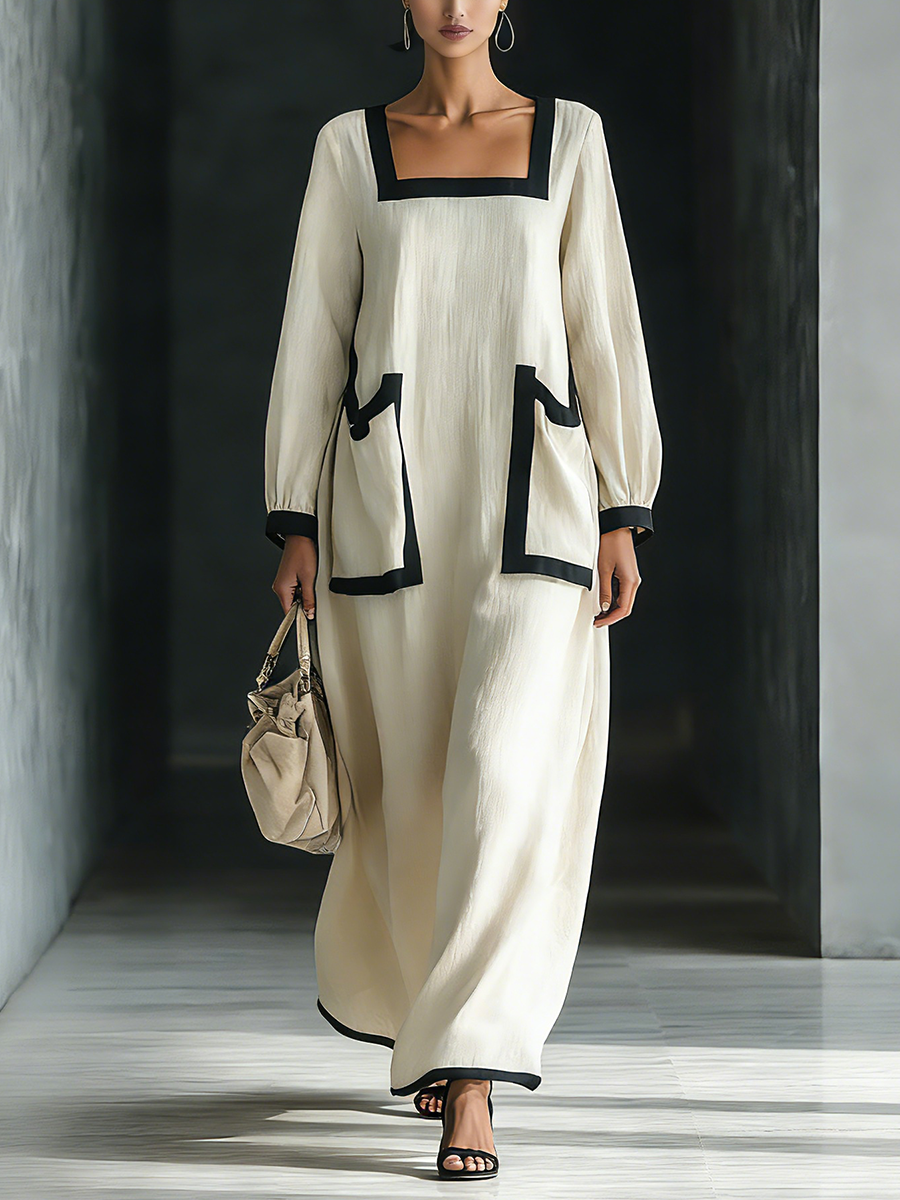 Women's Beige Cotton And Linen Blend Square-Neck Maxi Dress With Black Trim & Oversized Pockets MDZ1507A0T