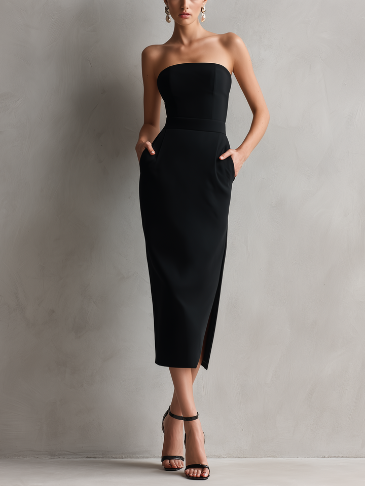 Women's Elegant Black Stretch Strapless Bodycon Midi Dress MDZ0669A6AN