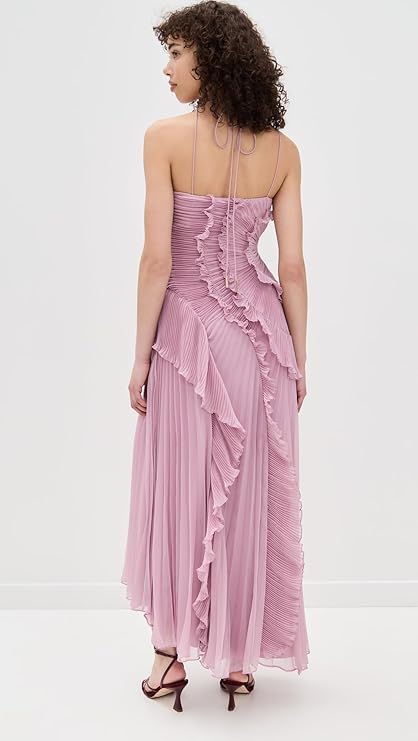Margot Strappy Halter Neck Ruffle Trim Asymmetric Hem Pleated Maxi Dress