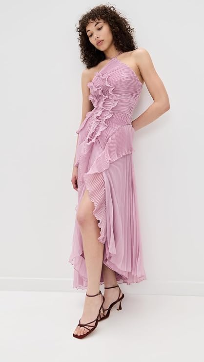 Margot Strappy Halter Neck Ruffle Trim Asymmetric Hem Pleated Maxi Dress