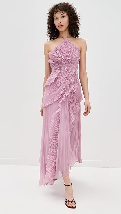 Margot Strappy Halter Neck Ruffle Trim Asymmetric Hem Pleated Maxi Dress