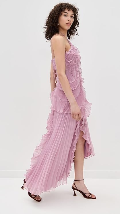 Margot Strappy Halter Neck Ruffle Trim Asymmetric Hem Pleated Maxi Dress