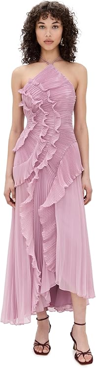 Margot Strappy Halter Neck Ruffle Trim Asymmetric Hem Pleated Maxi Dress