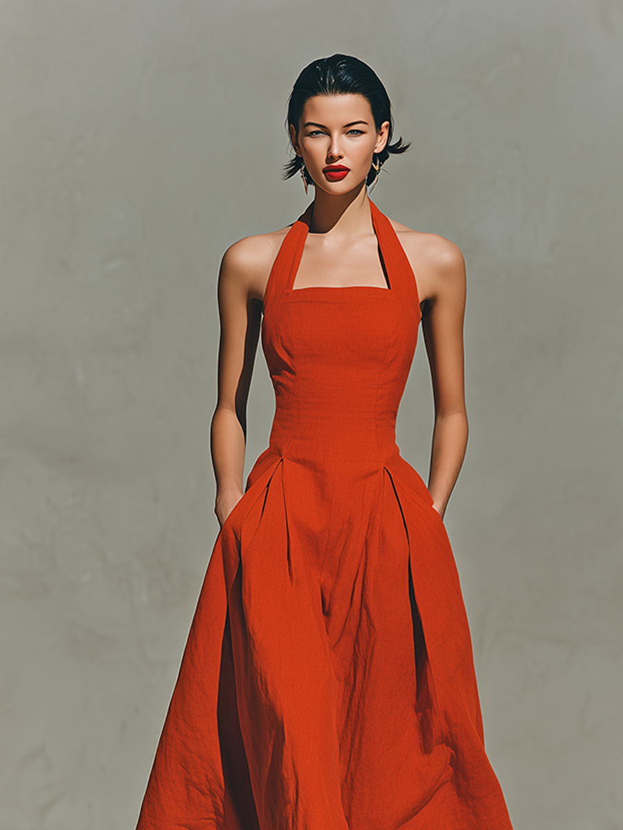 Women's Red Linen Maxi Dress With Halter Neck & Pleated Skirt, Timeless Elegant-Resort Style Dress MDZ2016C7I