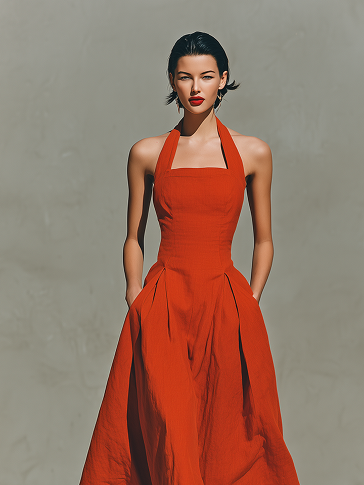 Women's Red Linen Maxi Dress With Halter Neck & Pleated Skirt, Timeless Elegant-Resort Style Dress MDZ2016C7I
