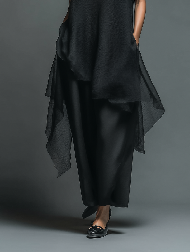 Women's Minimalist Imitation Acetate Slip Dress Paired With A Chiffon Overlay Maxi Dress MDZ2702A3Y