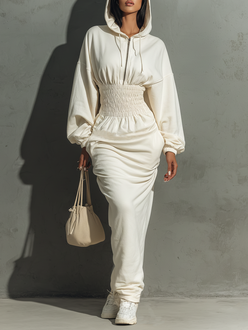 Women's Minimalist Waist Shirring Hooded Sweatshirt Maxi Dress MDA1965L4Y