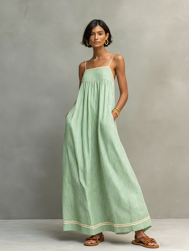 Women's Minimalist Striped Maxi Dress With Red Trim And Spaghetti Straps MDZ2710C3Y