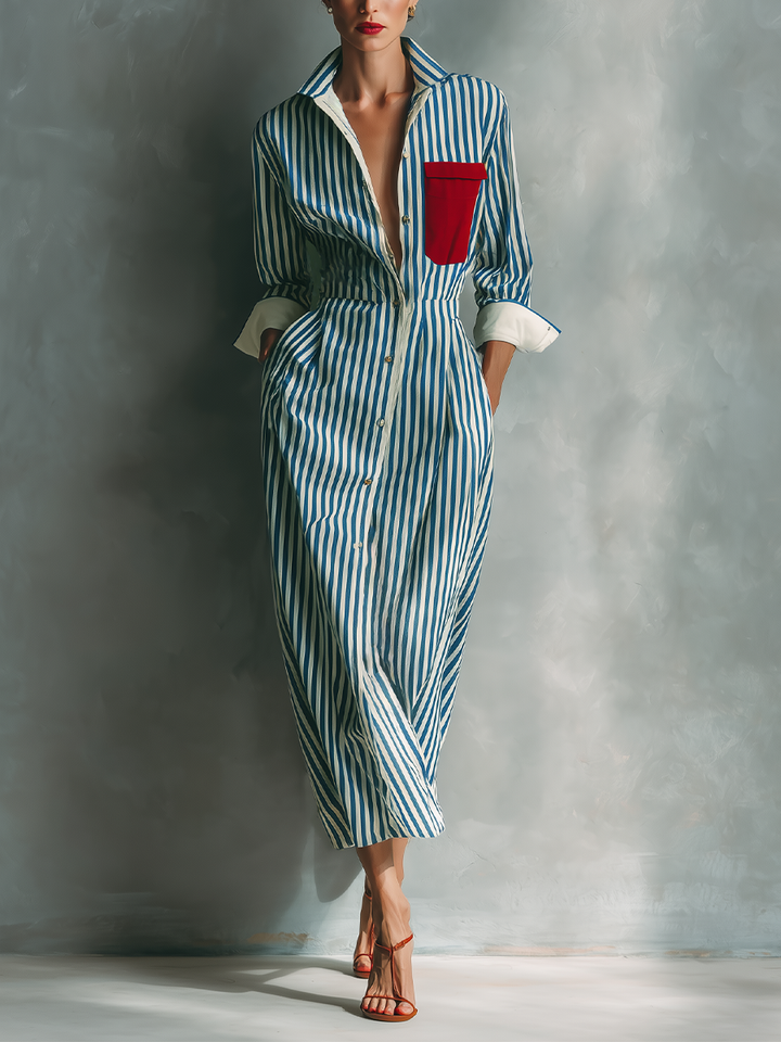 Women's Blue And White Cotton Blend Striped Shirt Dress With Red Chest Pocket MDZ1286C2T