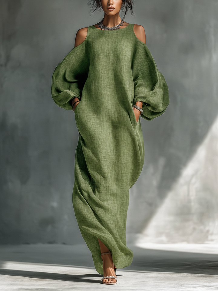 Women's Light Green Cold-Shoulder Maxi Dress With Oversized Puff Sleeves & Side Pockets MDZ1004B7T