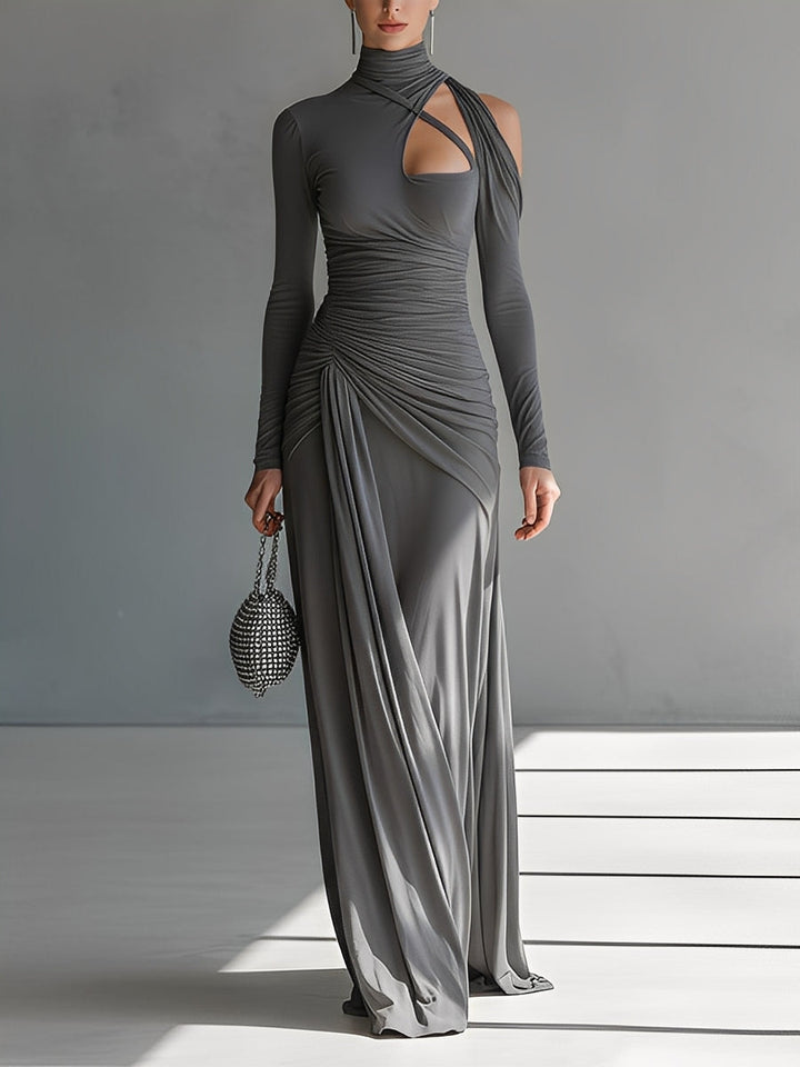 Women's Grey Silky Stretch Sophisticated Ruched Detail Cut-Out Maxi Dress MDA0546K6I