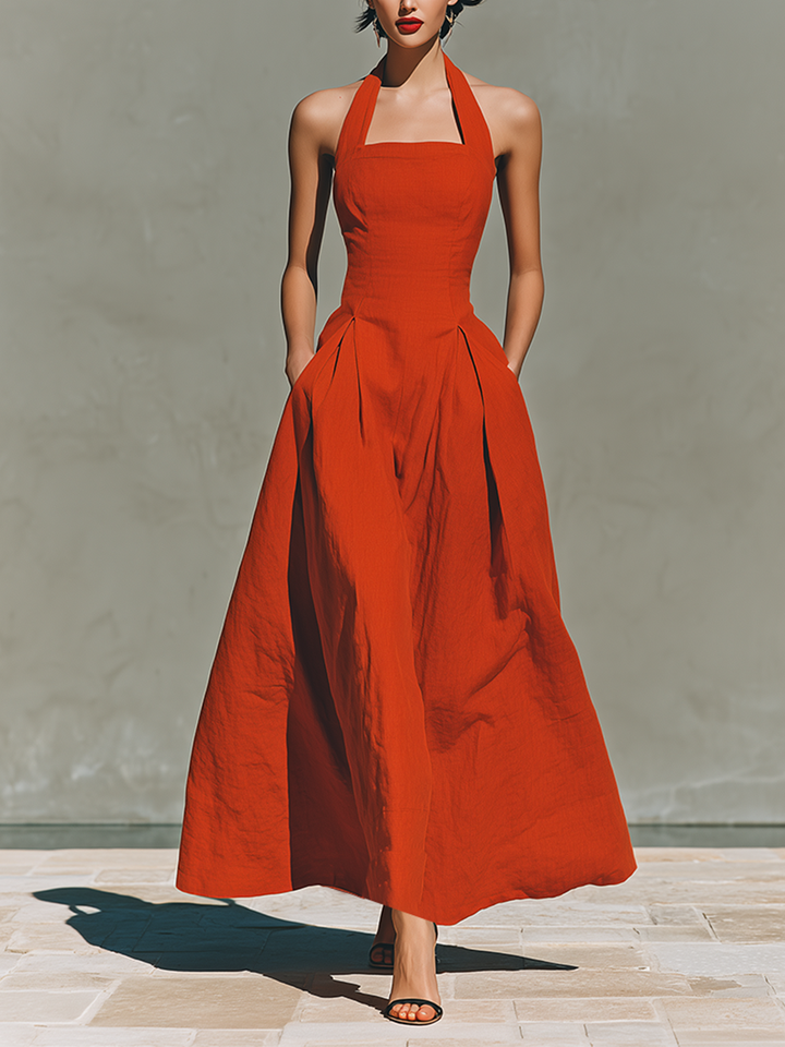 Women's Red Linen Maxi Dress With Halter Neck & Pleated Skirt, Timeless Elegant-Resort Style Dress MDZ2016C7I