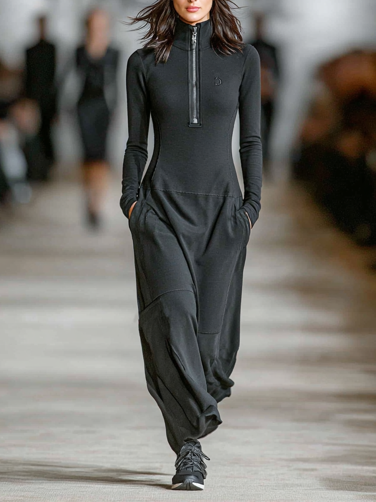 Women's Sports Cotton Blend Half-high Collar Zipper Loose Maxi Dress MDA3197G9Y