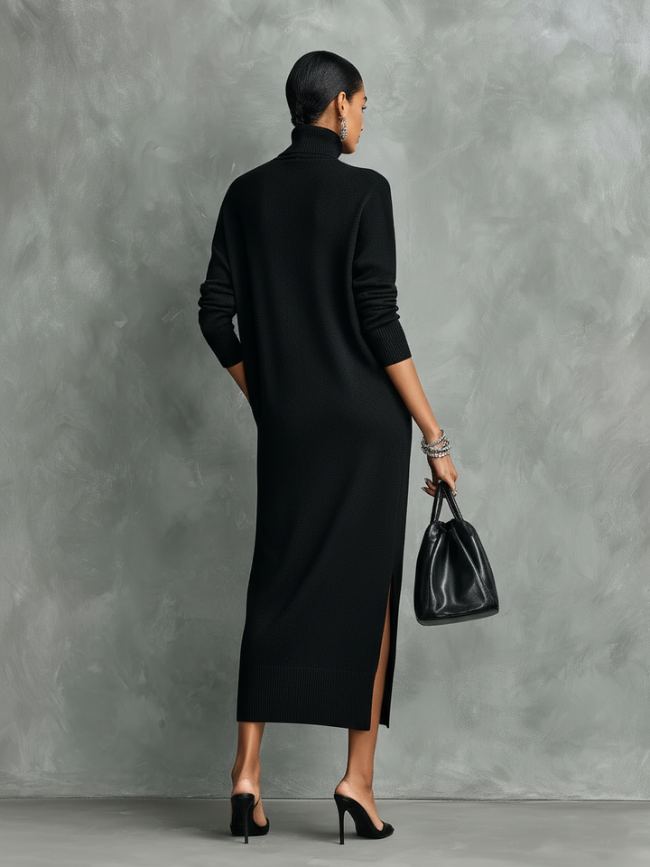 Women's Elegant Black Knitted Turtleneck Long-sleeved Loose-fitting  Midi Dress With No Pockets MDA1974L7AN