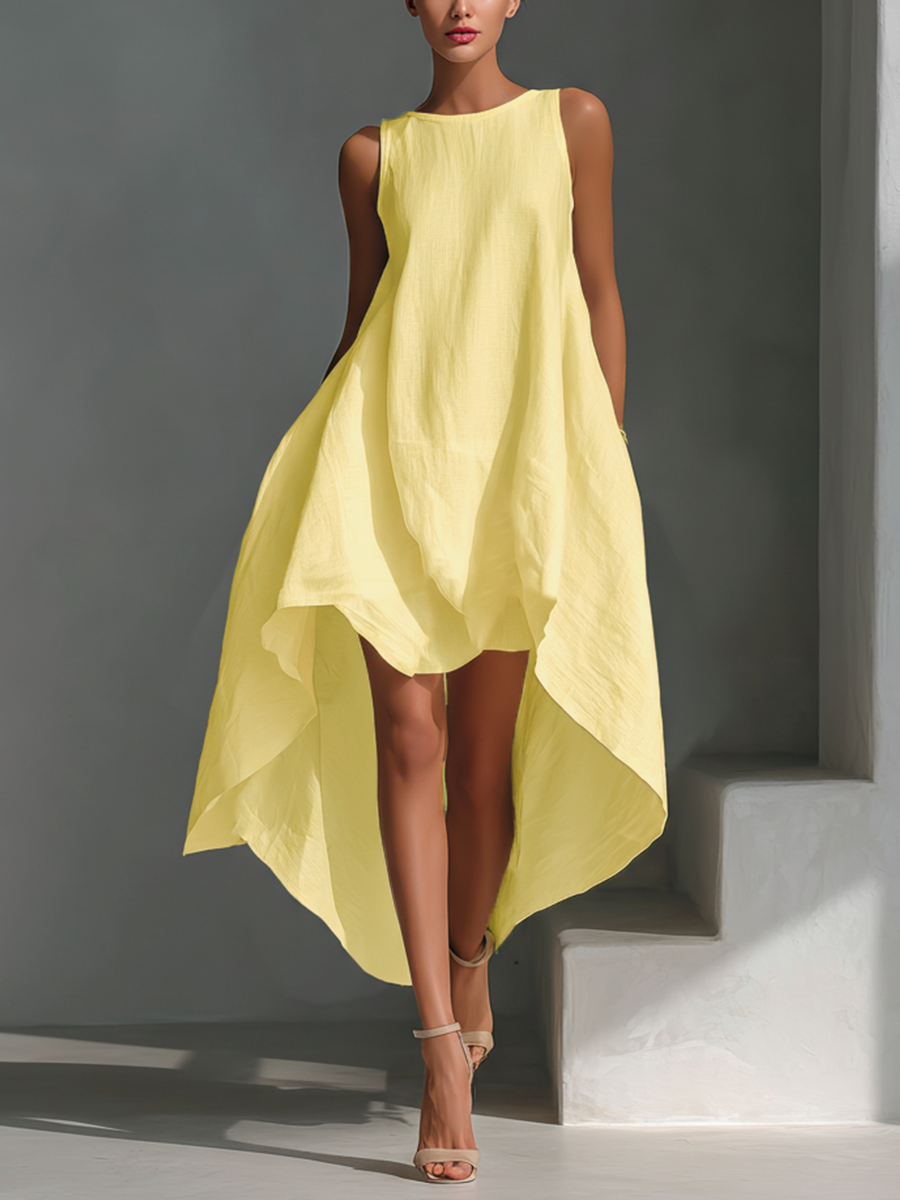 Women's White Linen Fabric Sleeveless Midi Dress With Round Neck & Asymmetric Hem MDZ0987B9T