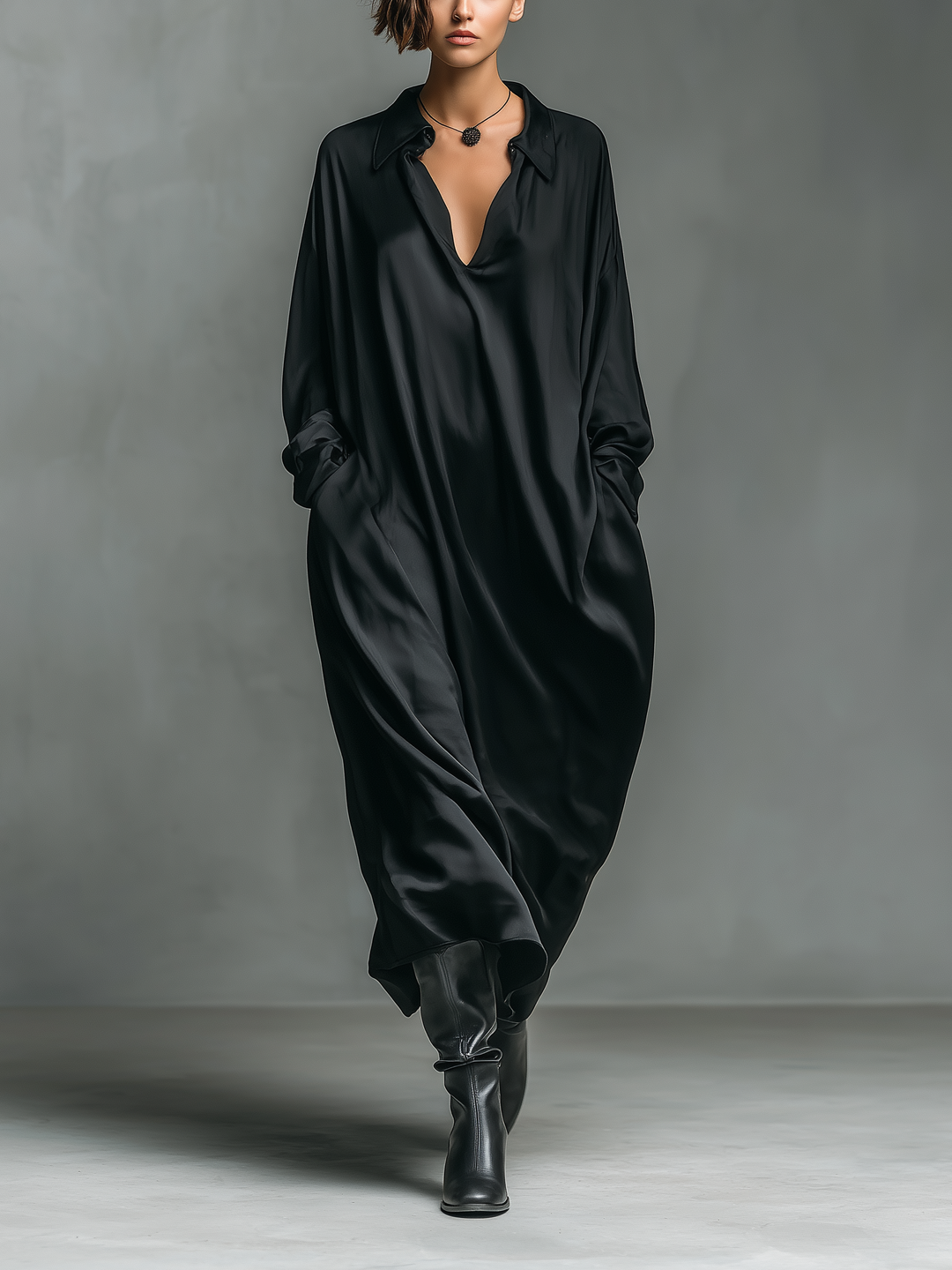 Women's Fashionable Casual Black Glossy Satin Long-sleeved Loose-fitting Maxi Dress With Pockets MDA2476K9AN