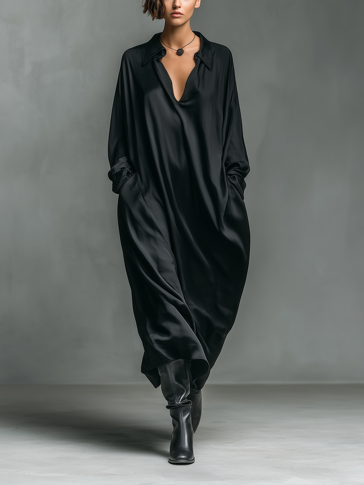 Women's Fashionable Casual Black Glossy Satin Long-sleeved Loose-fitting Maxi Dress With Pockets MDA2476K9AN