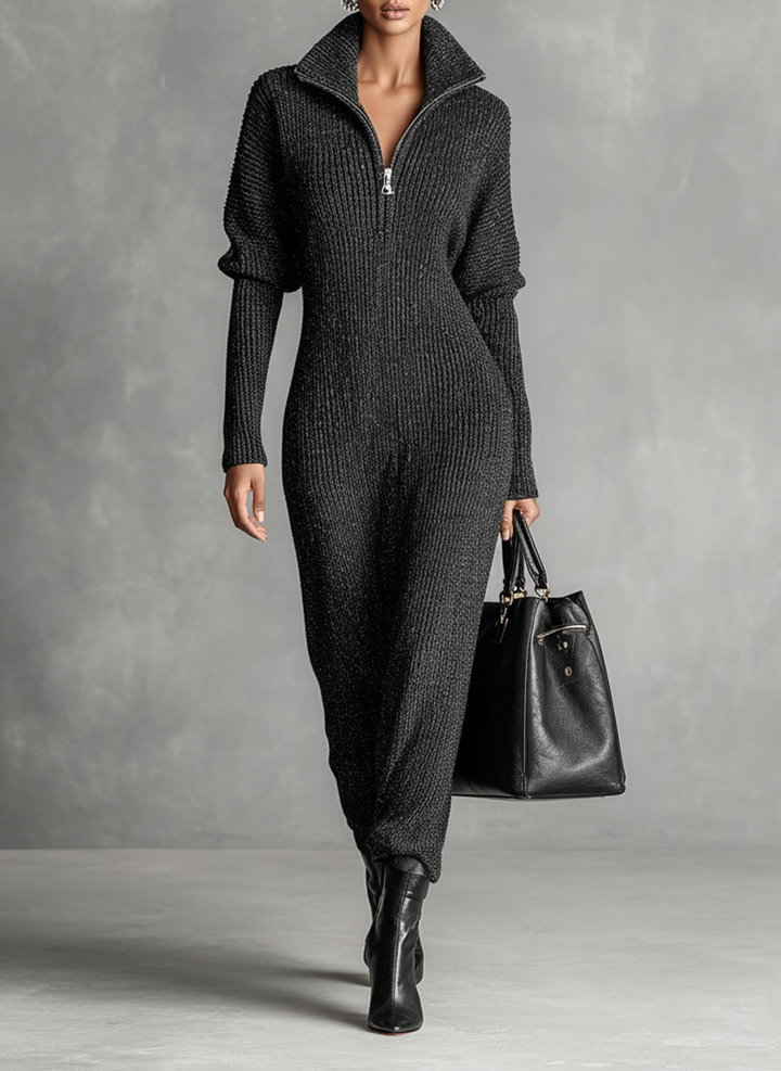 Women's Minimalist Solid Color Zipper Neck Knitted Maxi Dress MDA1633J4Y