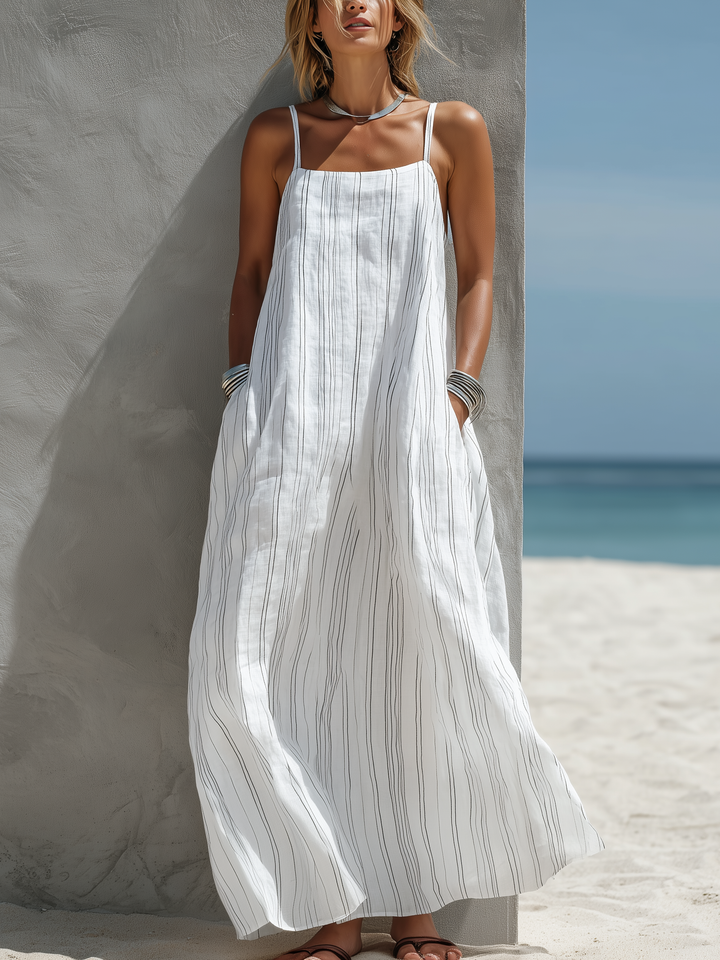 Women's Casual White Vertical Striped Woven Sleeveless Loose Long Dress MDZ0324C9AN