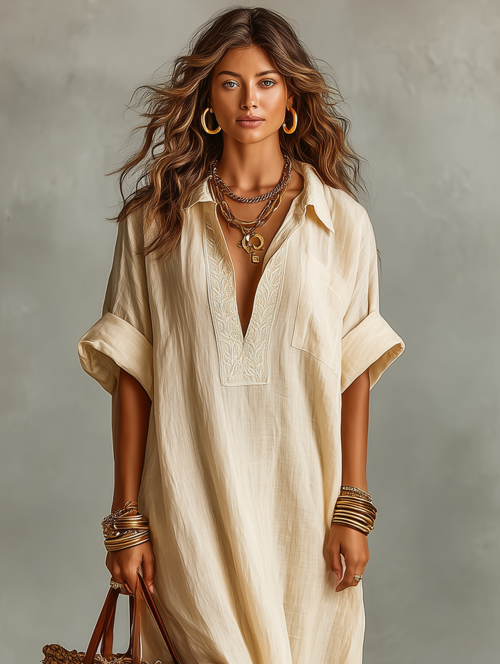 Women's Minimalist Loose-fitting Embroidered Short-sleeved Maxi Dress MDZ0656A6Y