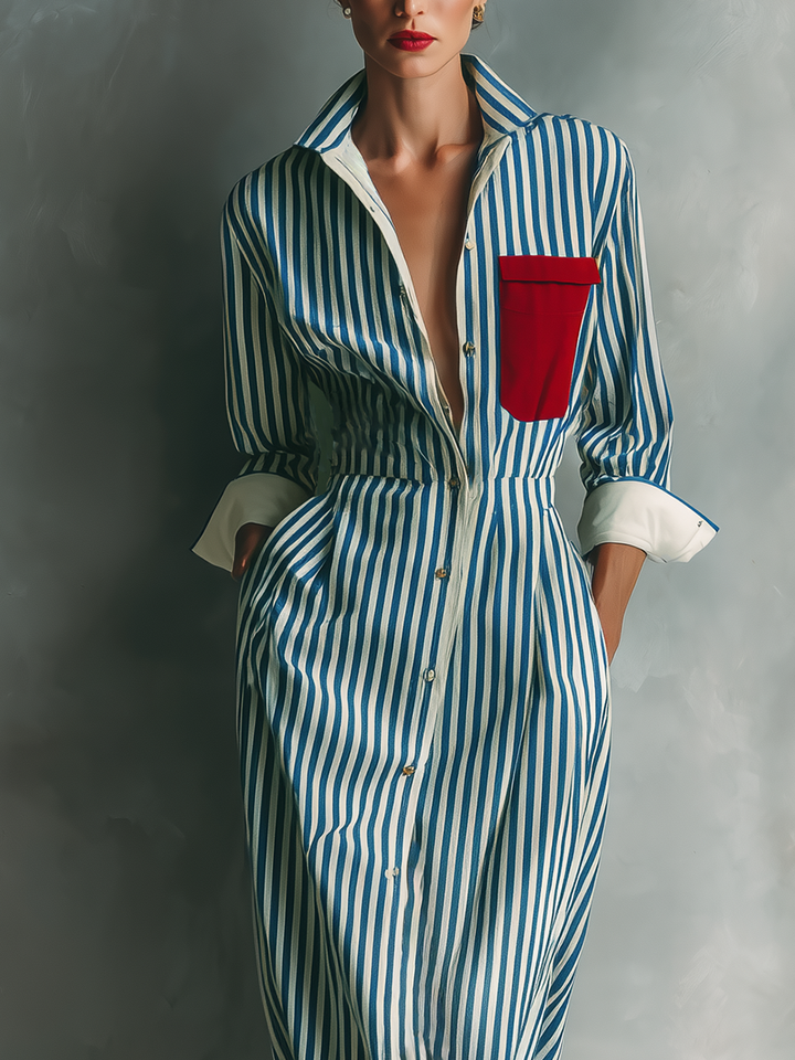 Women's Blue And White Cotton Blend Striped Shirt Dress With Red Chest Pocket MDZ1286C2T