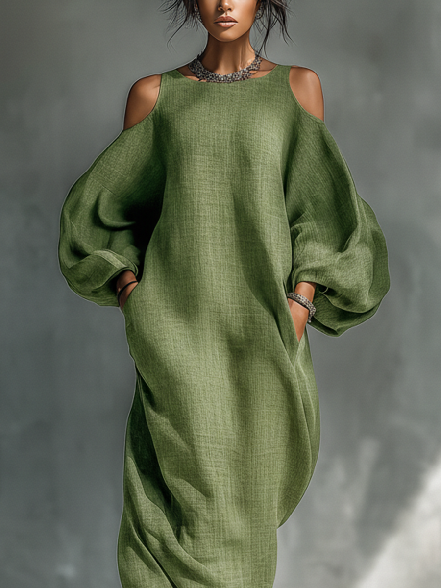 Women's Light Green Cold-Shoulder Maxi Dress With Oversized Puff Sleeves & Side Pockets MDZ1004B7T