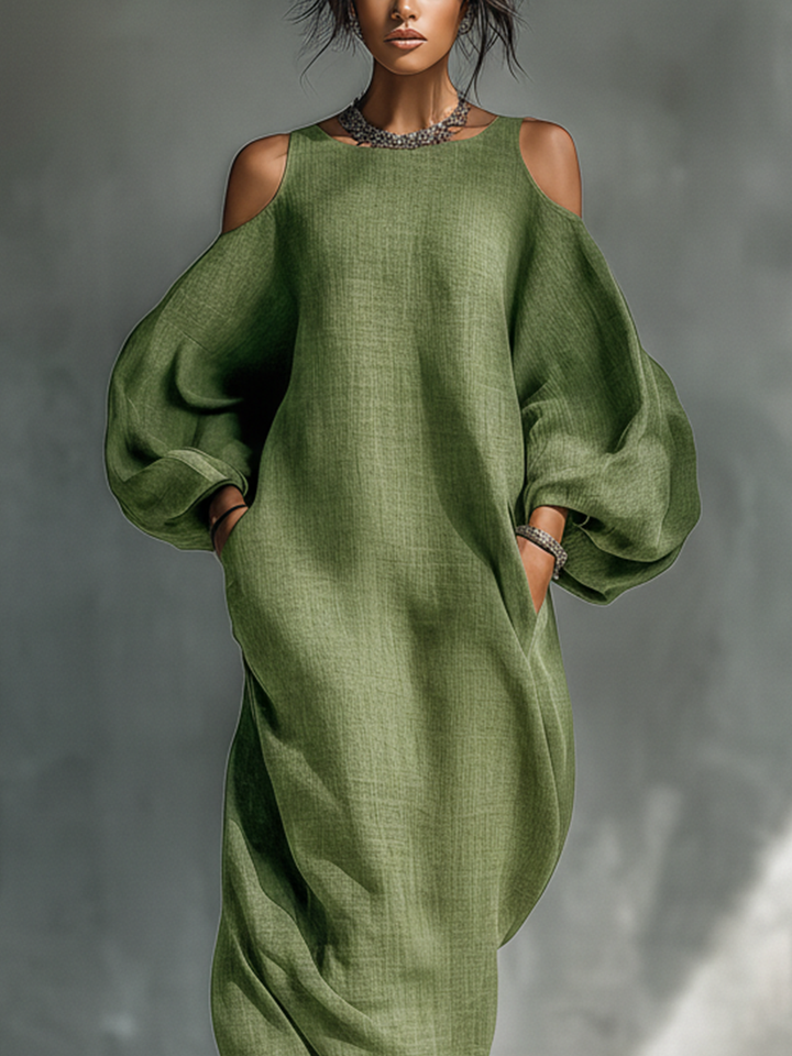 Women's Light Green Cold-Shoulder Maxi Dress With Oversized Puff Sleeves & Side Pockets MDZ1004B7T