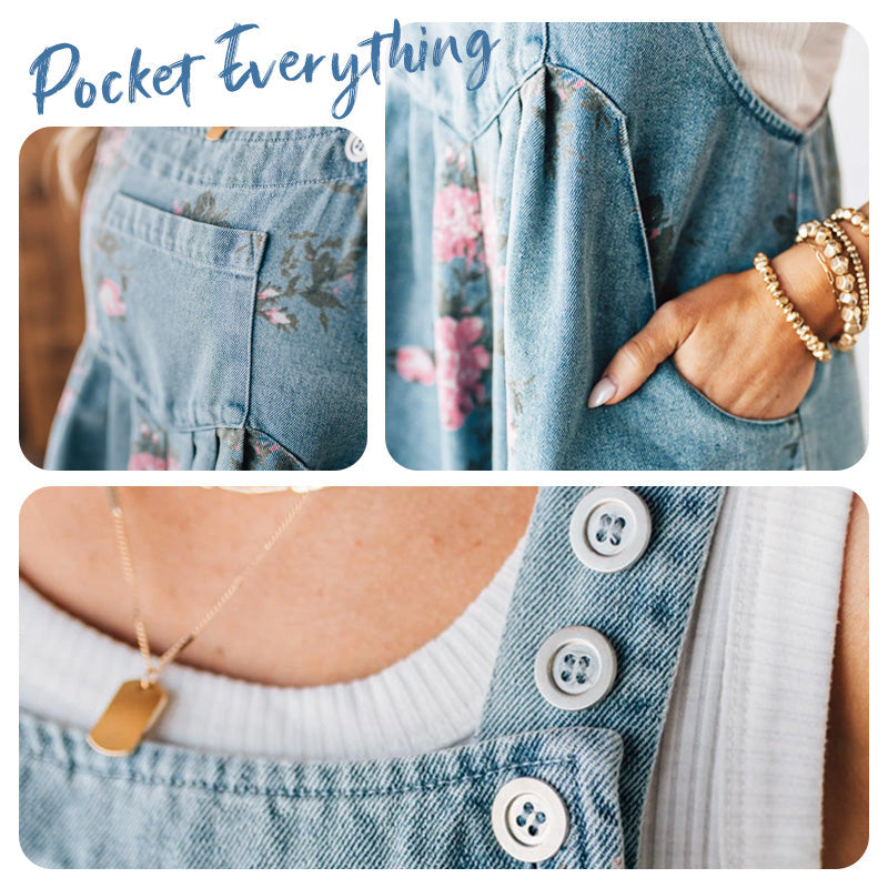 Vintage Floral Printed Denim Jumpsuit