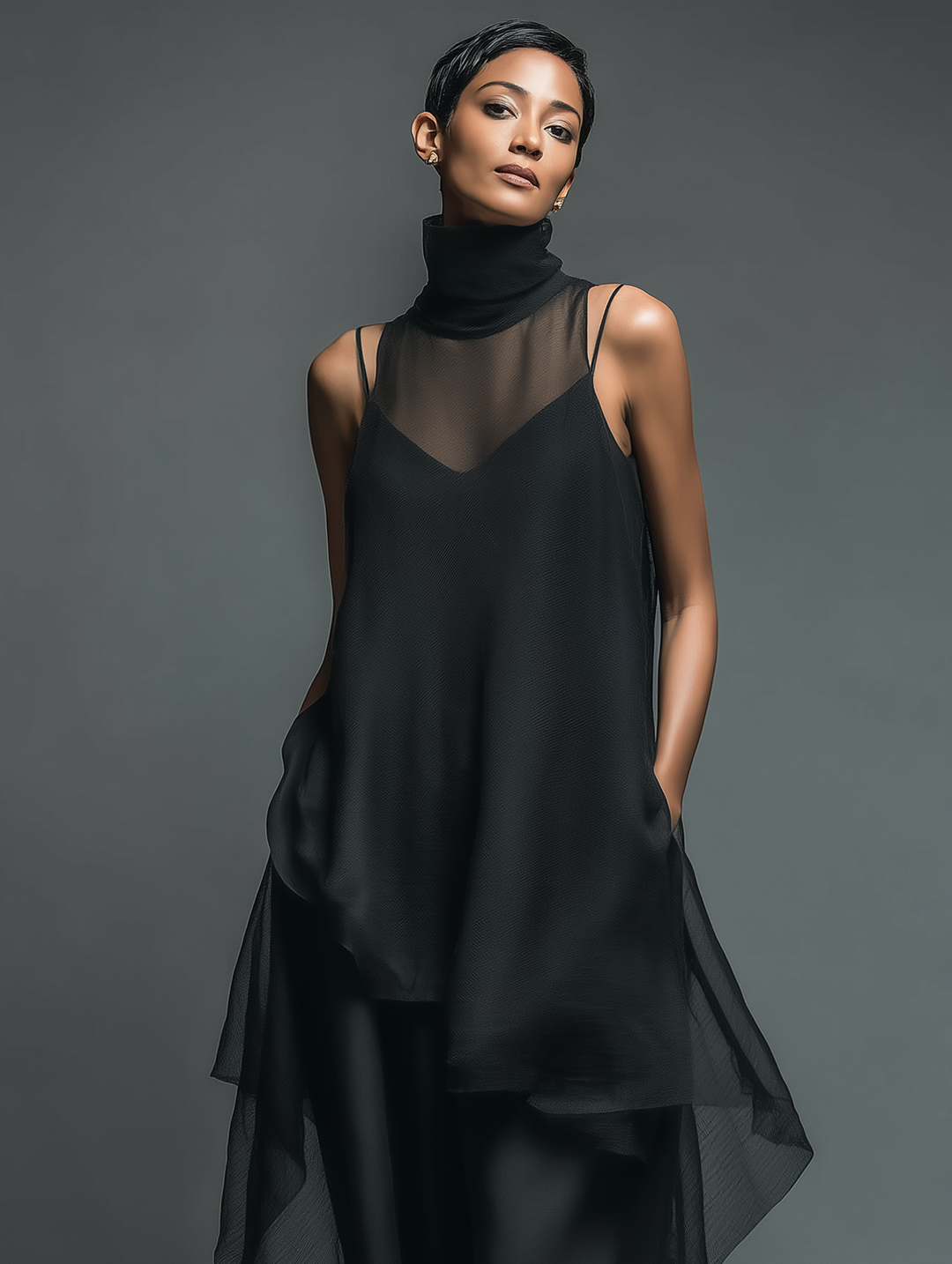 Women's Minimalist Imitation Acetate Slip Dress Paired With A Chiffon Overlay Maxi Dress MDZ2702A3Y