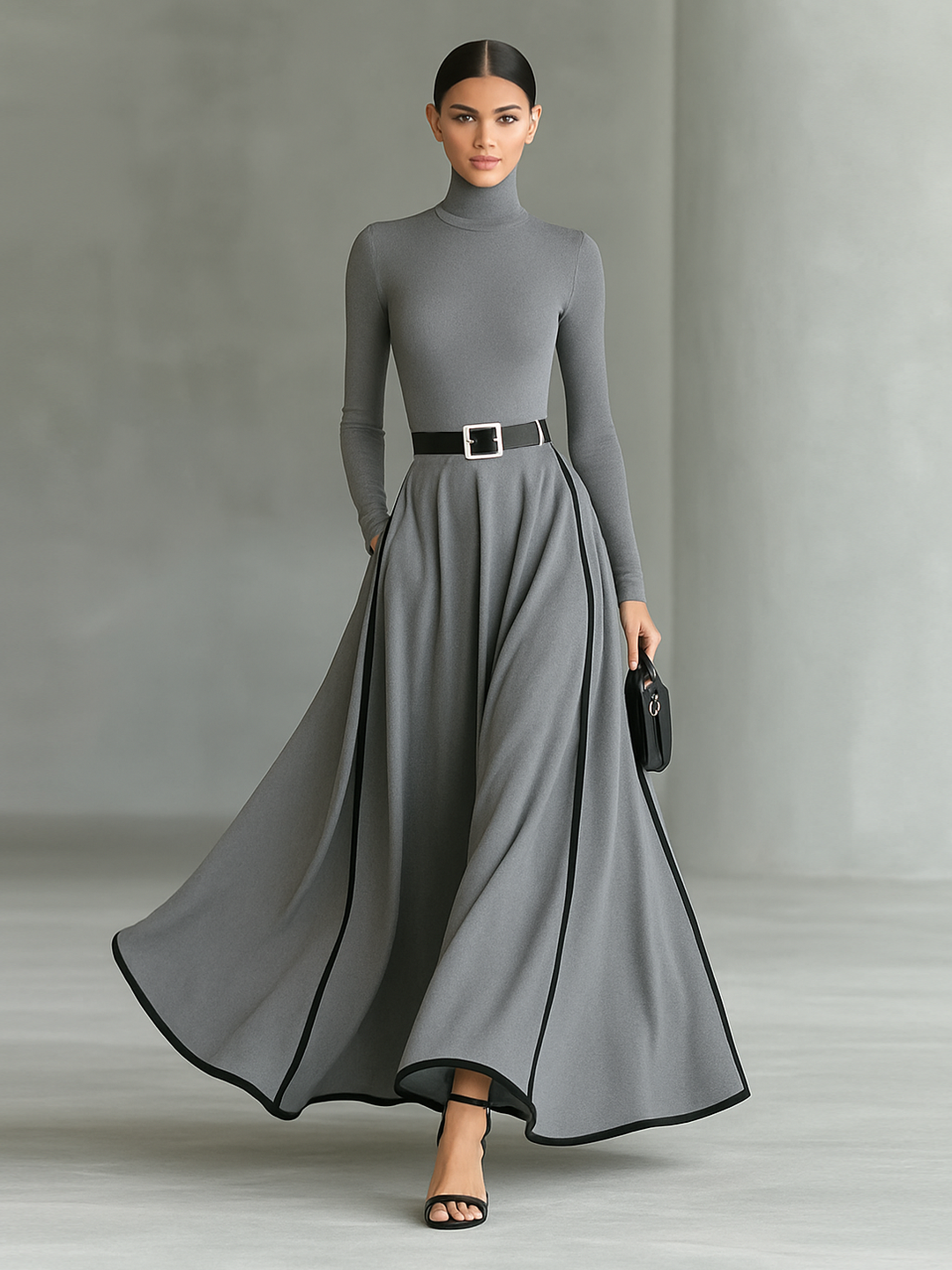 Women's Black Stitching White Trim High Collar Long Sleeve Tight Belt Maxi Dress MDA1031G0Y