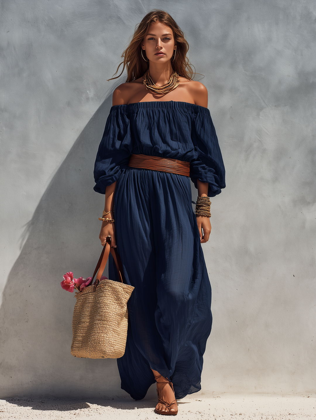 Women's Casual Dark Blue Cotton Linen Strapless Long-sleeved Dress (belt Not Included) MDZ1281C1AN