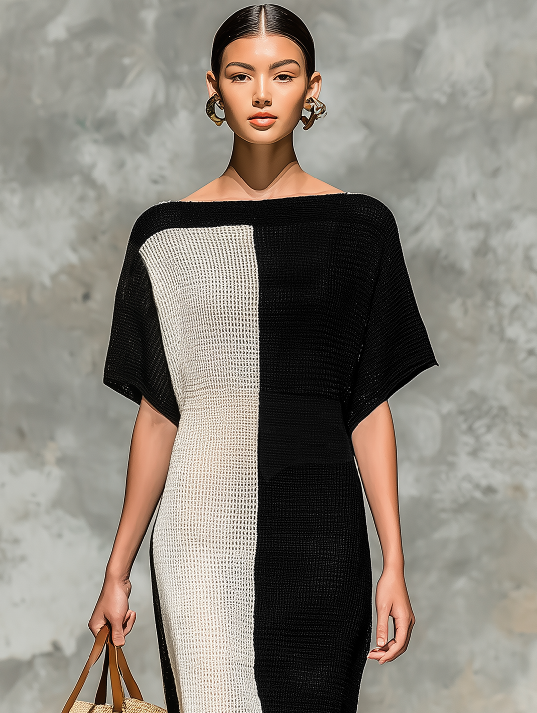 Women's Minimalist Knitted Boat Neck Short-sleeved Maxi Dress MDZ0969A4Y