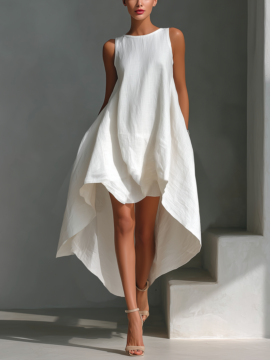 Women's White Linen Fabric Sleeveless Midi Dress With Round Neck & Asymmetric Hem MDZ0987B9T