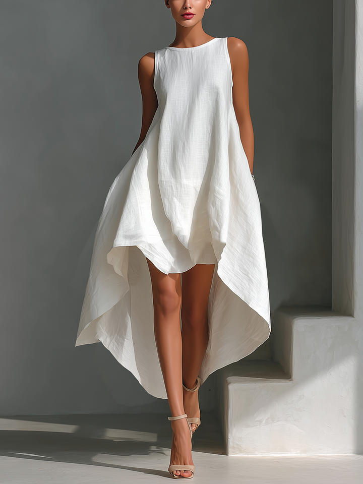 Women's White Linen Fabric Sleeveless Midi Dress With Round Neck & Asymmetric Hem MDZ0987B9T