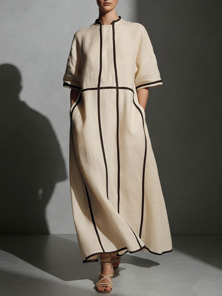 Women's Modern Linen Blend Beige Stand-Collar Half-Sleeve Contrast-Line Pocketed Maxi Dress  MDA2924L4AU