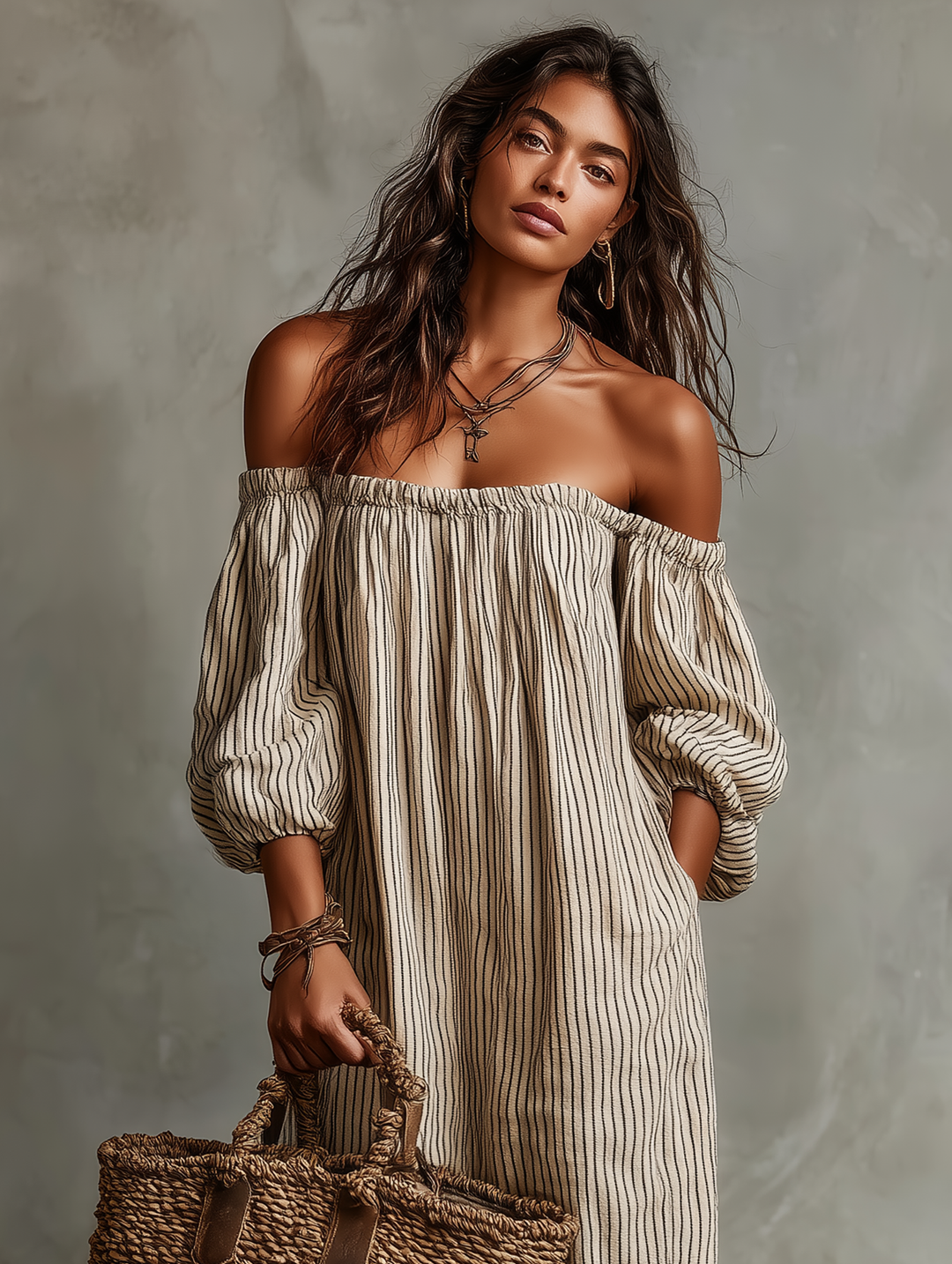 Women's Vacation Cotton-linen Blend Off-shoulder Long-sleeved Maxi Dress MDZ0481B5Y